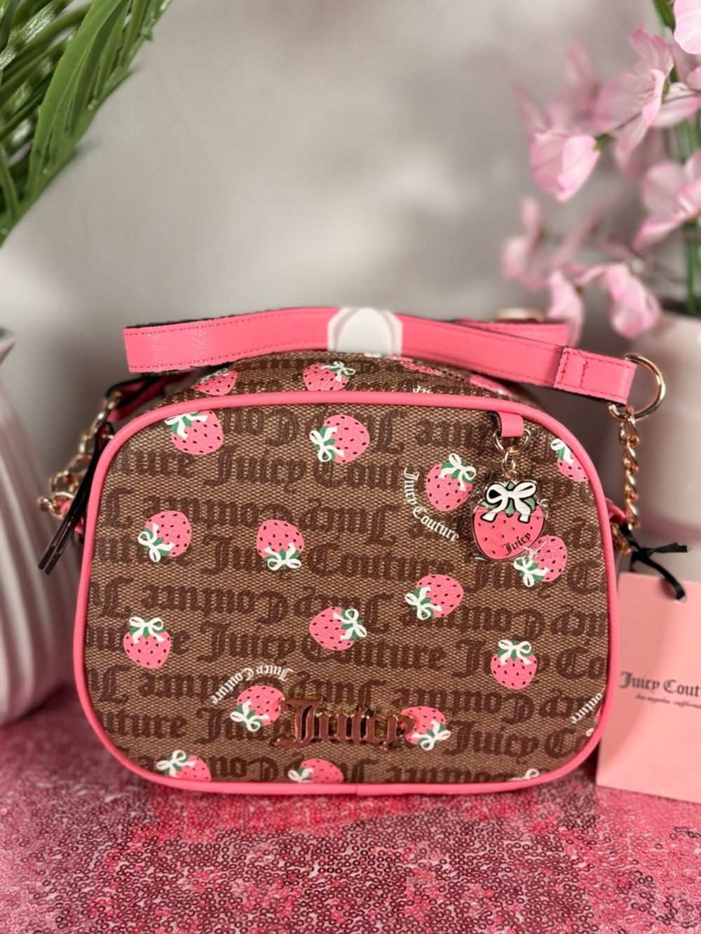 Juicy Couture Pink & Brown Strawberry Print Crossbody Bag